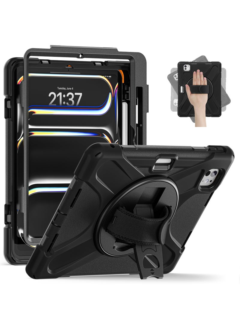 Case for iPad Pro 11-inch (2024) M4 Chip Model A2836 A2837 Heavy Duty Rugged Durability Silicone Tablet Cover with 360° Rotating Hand Strap Foldable Hidden Stand & Shoulder Strap