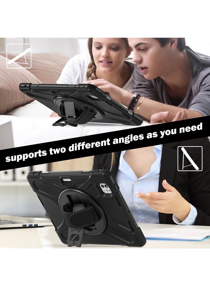 Case for iPad Pro 11-inch (2024) M4 Chip Model A2836 A2837 Heavy Duty Rugged Durability Silicone Tablet Cover with 360° Rotating Hand Strap Foldable Hidden Stand & Shoulder Strap