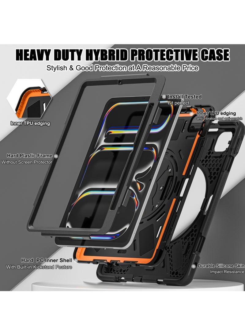 Case for iPad Pro 11-inch (2024) M4 Chip Model A2836 A2837 Heavy Duty Rugged Durability Silicone Tablet Cover with 360° Rotating Hand Strap Foldable Hidden Stand & Shoulder Strap