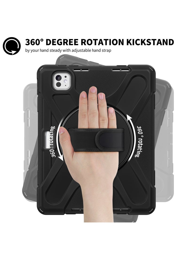Case for iPad Pro 11-inch (2024) M4 Chip Model A2836 A2837 Heavy Duty Rugged Durability Silicone Tablet Cover with 360° Rotating Hand Strap Foldable Hidden Stand & Shoulder Strap