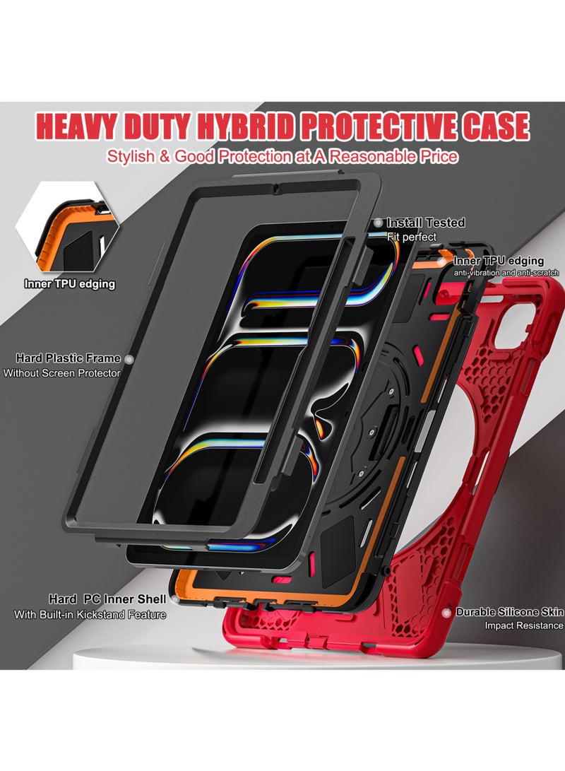 Case for iPad Pro 11-inch (2024) M4 Chip Model A2836 A2837 Heavy Duty Rugged Durability Silicone Tablet Cover with 360° Rotating Hand Strap Foldable Hidden Stand & Shoulder Strap