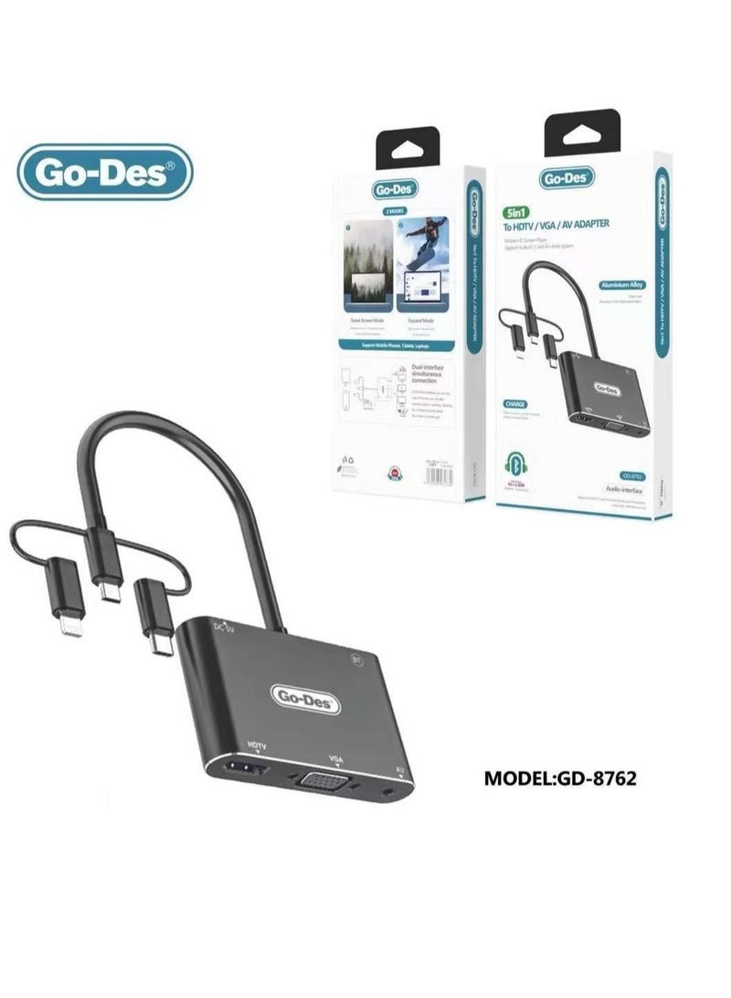 Go-Des GD-8762 5 in 1 HD Laptop Monitor Player USB to HDTV Adapter Type C