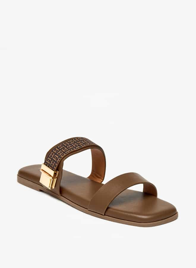 Women Monogram Print Slip-On Sandals with Metallic Detail