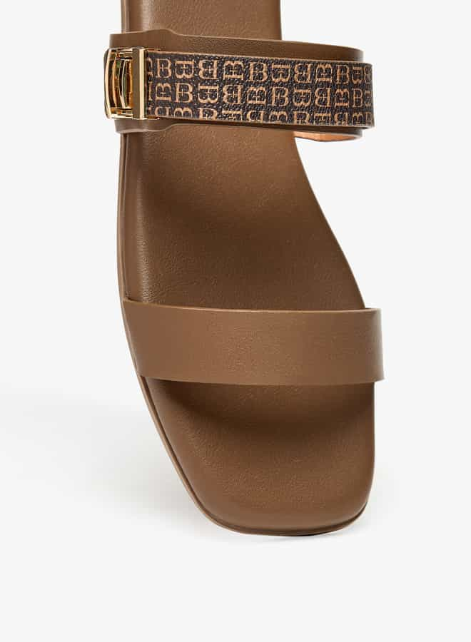 Women Monogram Print Slip-On Sandals with Metallic Detail