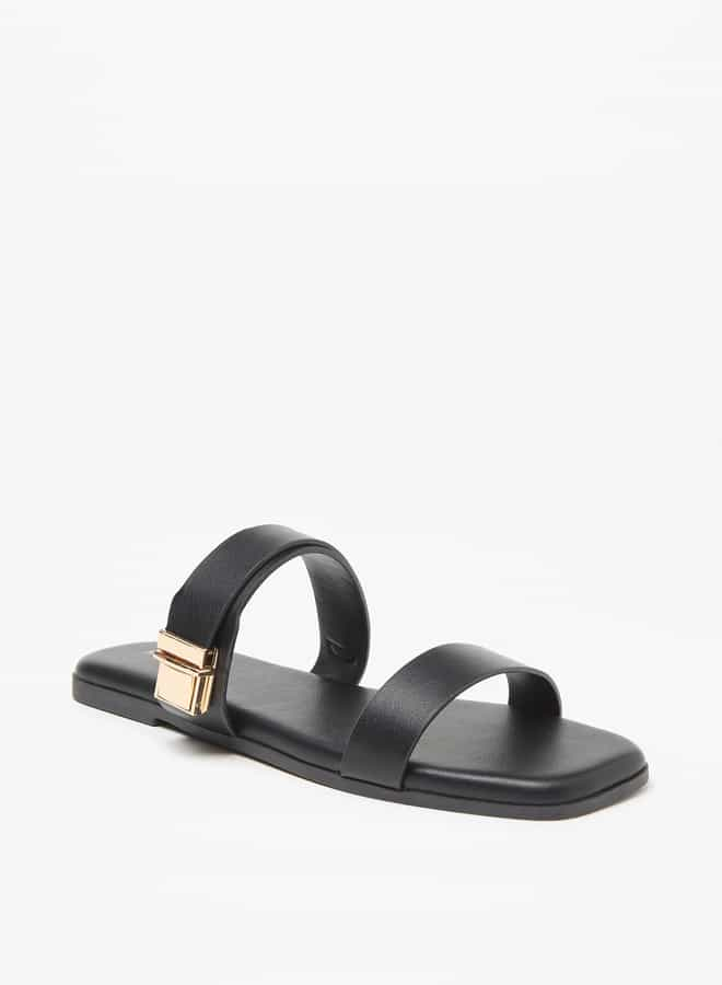 Women Monogram Print Slip-On Sandals with Metallic Detail