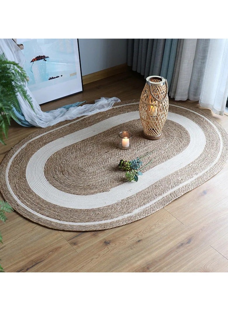 Natural Oval Jute Rug Eco-Friendly Handwoven Carpet with White Border Durable & Stylish for Living Room