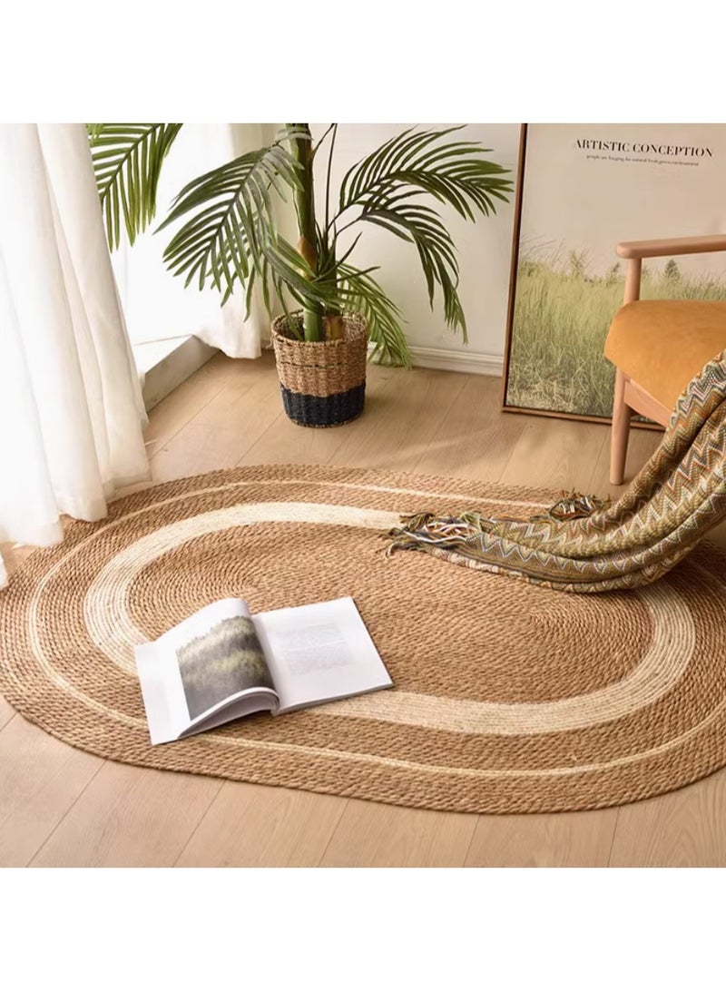 Natural Oval Jute Rug Eco-Friendly Handwoven Carpet with White Border Durable & Stylish for Living Room
