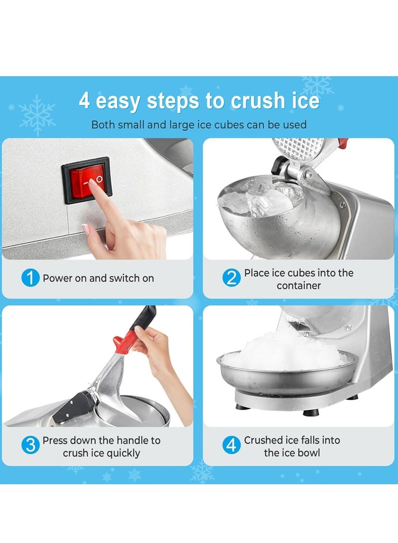 Electric Ice Crushers 300W Stainless Steel Blade Shaved Ice Snow Cone Maker Kitchen Machine, Electric Dual Blades Ice Crusher Shaver Snow Cone Maker for Commercial Use