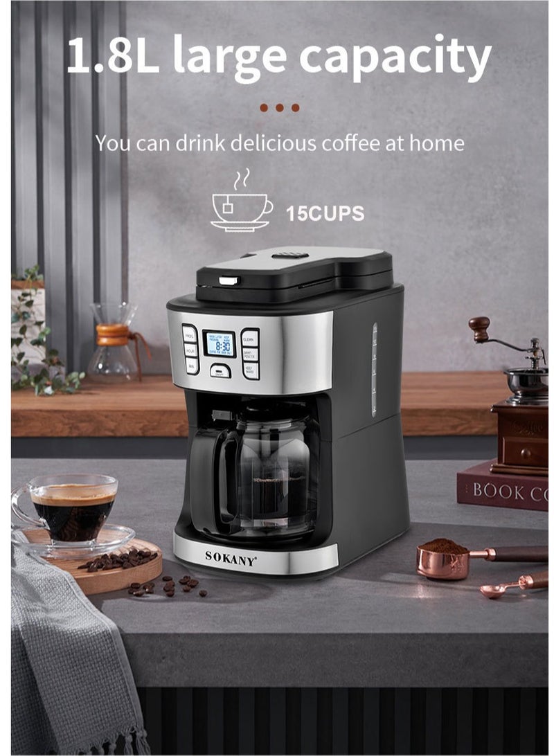 Coffee Maker/Coffee Machine, 1086W, 15 Cup/1.8L Glass Carafe, 24 Hours Programmable with Drip Stop Mechanism, Lcd Display SK-506E Black