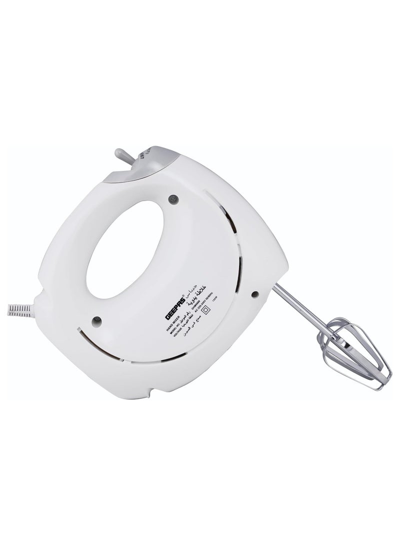 Hand Mixer- 2 beaters and 2 dough hooks- Professional Food & Cake Mixer for Baking | 7 Speed Function, Includes Chrome Extra Long Beaters and Dough Hooks, Lightweight & Powerful 150 W GHM9899 White