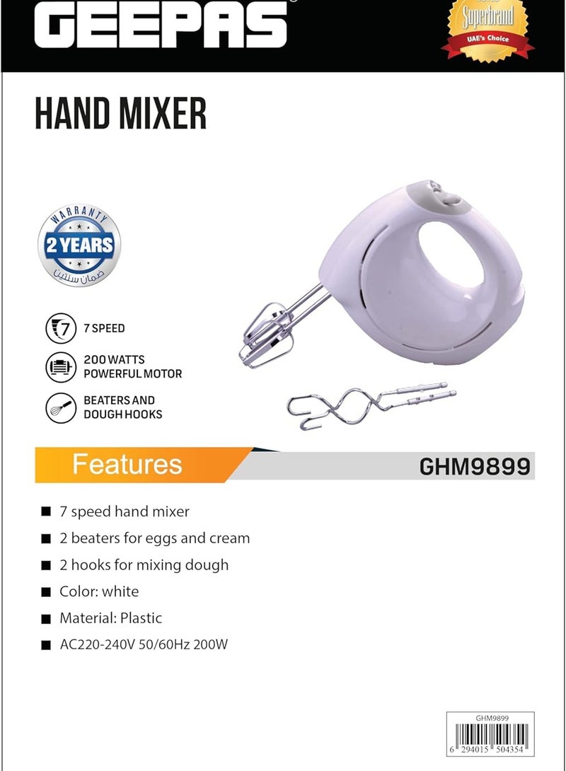 Hand Mixer- 2 beaters and 2 dough hooks- Professional Food & Cake Mixer for Baking | 7 Speed Function, Includes Chrome Extra Long Beaters and Dough Hooks, Lightweight & Powerful 150 W GHM9899 White
