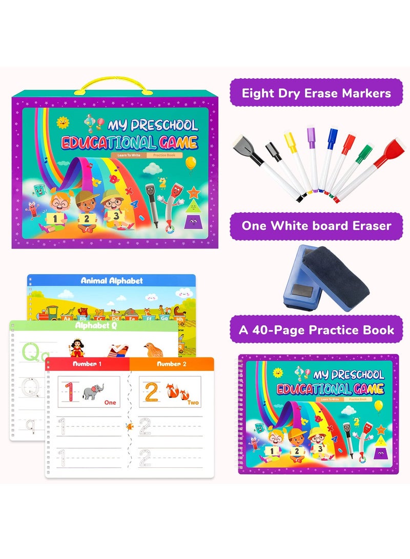 SYOSI Handwriting Practice Book for Kid Toddler Preschool Learning Activity for 3 4 5 Year Olds 40 Pages Montessori Early Educational Toy Kindergarten Letter Tracing Book with 8 Dry Erase Markers