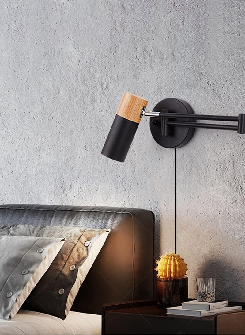 Wooden indoor wall lamp with warm light, long arm metal rotating head adjustable at 350 °, long arm wall lamp for reading, indoor retro and expandable retro wall lamp, suitable for bedrooms, bedside hotels, and guest rooms