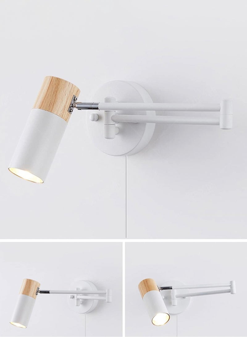 Wooden indoor wall lamp with warm light, long arm metal rotating head adjustable at 350 °, long arm wall lamp for reading, indoor retro and expandable retro wall lamp, suitable for bedrooms, bedside hotels, and guest rooms