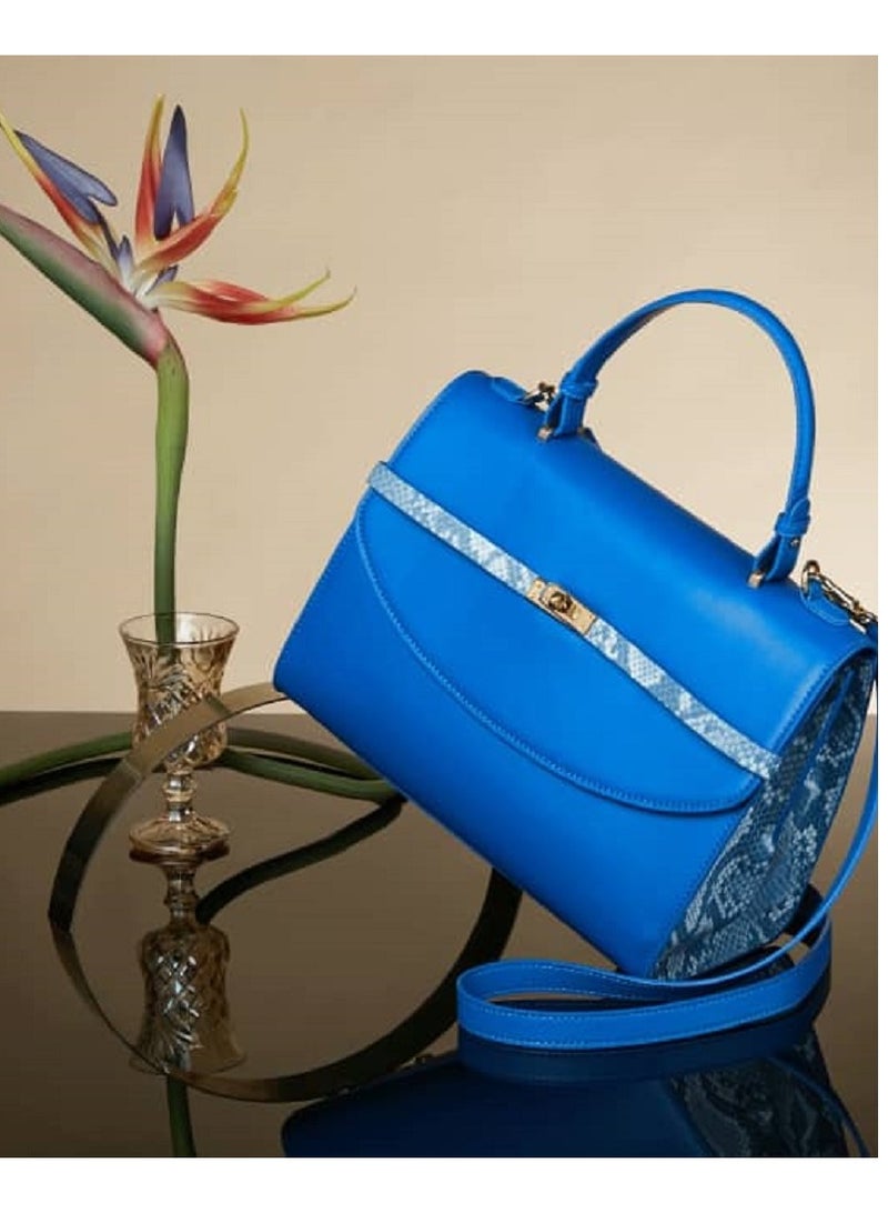 Blue Office Medium Size Bag – Genuine Leather Handbag for Women, Trendy Contrast Color Flap Design, Fashionable and Practical Medium-Sized Handbags, Perfect for Work, Casual Outings, or Daily Use, Durable and Lightweight Shoulder Bags For Office Use