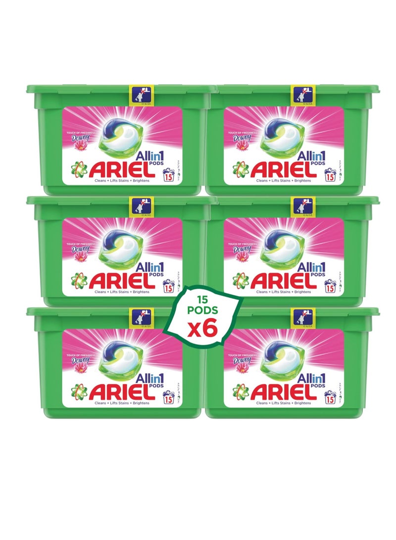 Ariel 3in1 Pods with a Touch of Downy Freshness, Ariel Liquid Detergent Capsules, Powerful Stain Remover Detergent, Pack of 6 x 15 Pods (90 Capsules)