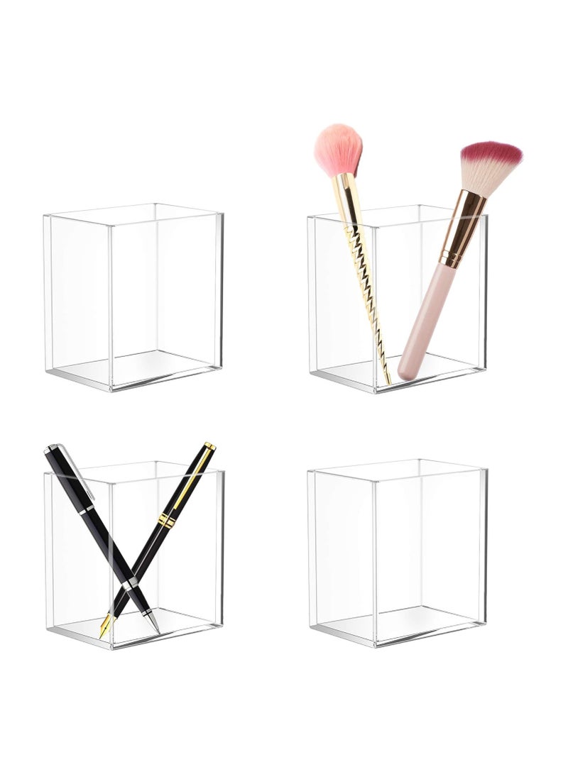 4 Pack Clear Acrylic Pen Pencil Holder Cup, Clear Makeup Brush Holder, Acrylic Desk Accessories Square Stationary Organizer for Office, School, Home