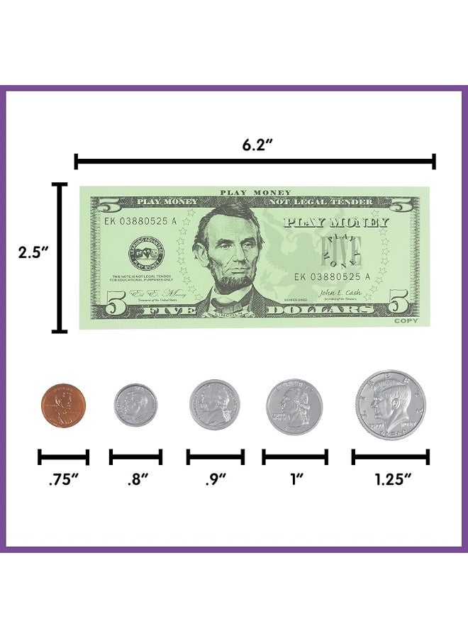 LEARNING ADVANTAGE Play Money Set  Bills  Coins  100 Bills  94 Coins  Pretend Money Designed Like Real Currency  Count Change with Toy Money