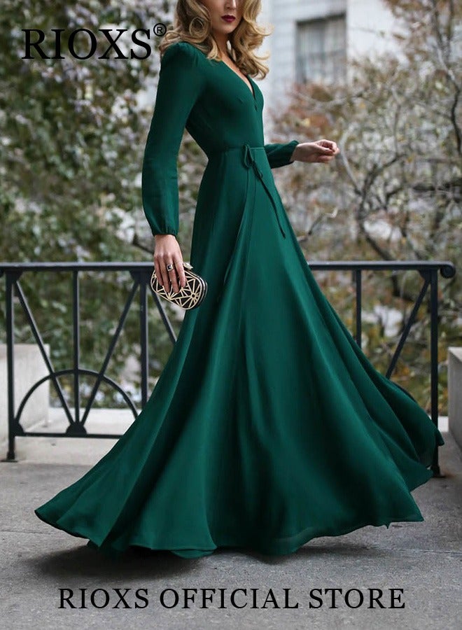 Women's Elegant Dresses V Neck Long Dress Solid Color Long Sleeve Maxi Dress For Party Wedding Special Occasions