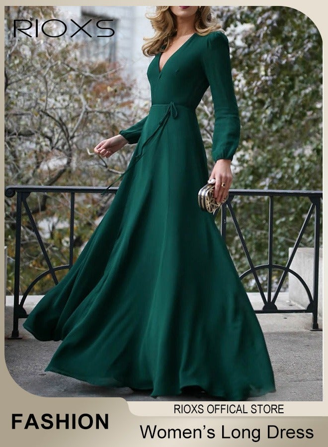 Women's Elegant Dresses V Neck Long Dress Solid Color Long Sleeve Maxi Dress For Party Wedding Special Occasions