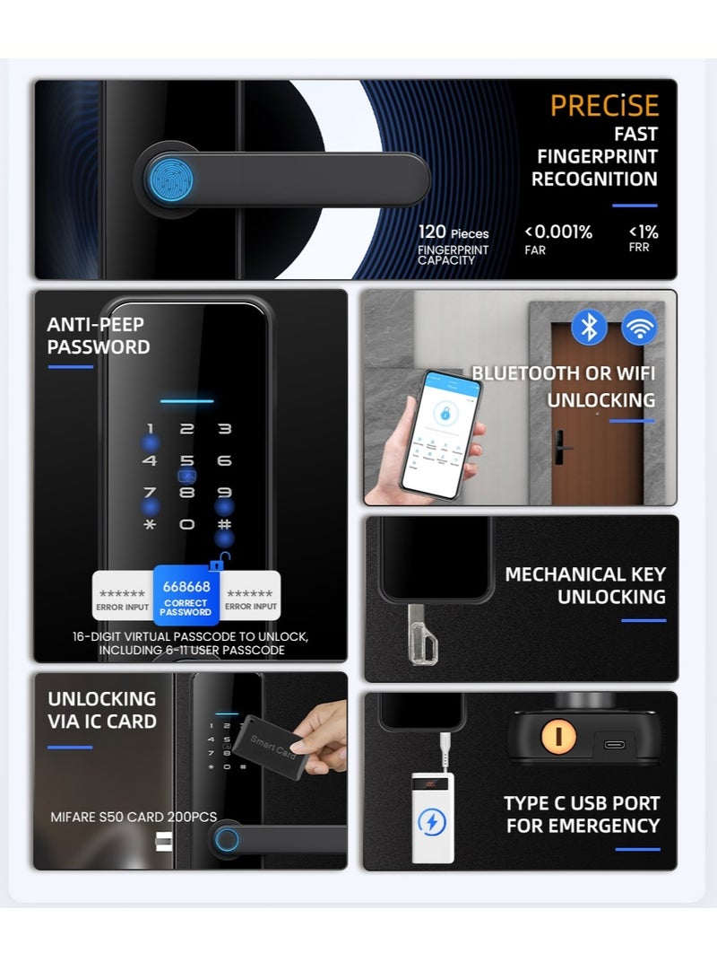 LS-C91 Smart WiFi Fingerprint Door Lock - 8 Unlock Methods | App, Bluetooth, Key, Password, Card, Combo | Secure Home Entry System (Gold, TTLock version)