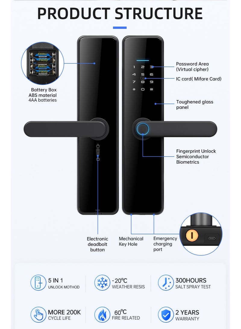 LS-C91 Smart WiFi Fingerprint Door Lock - 8 Unlock Methods | App, Bluetooth, Key, Password, Card, Combo | Secure Home Entry System (Gold, TTLock version)