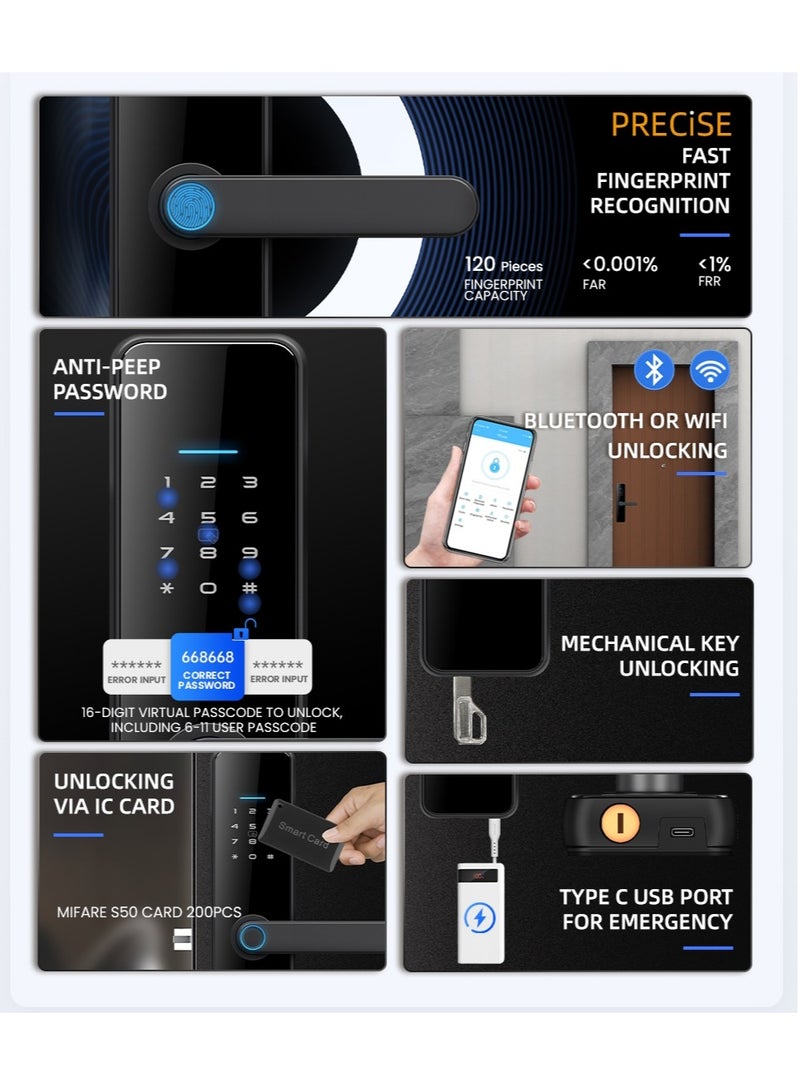 LS-C91 Smart WiFi Fingerprint Door Lock - 8 Unlock Methods | App, Bluetooth, Key, Password, Card, Combo | Secure Home Entry System (Gold, Tuya version)