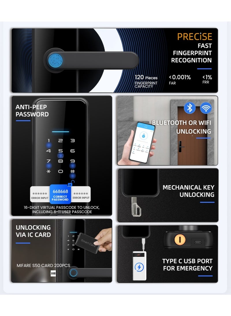 LS-C91 Smart WiFi Fingerprint Door Lock - 8 Unlock Methods | App, Bluetooth, Key, Password, Card, Combo | Secure Home Entry System (Black, TTLock version)