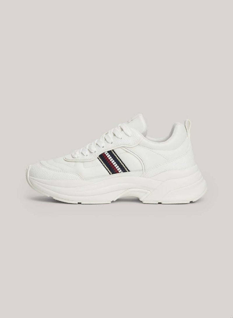 Women's Chunky Runner Sneakers, White - Leather