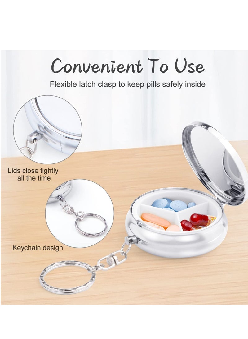 Portable Mini Metal Pill Case - 6 Pack Round Organizer with Keychain, 3 Compartment Holder for Vitamins, Supplements & Fish Oils