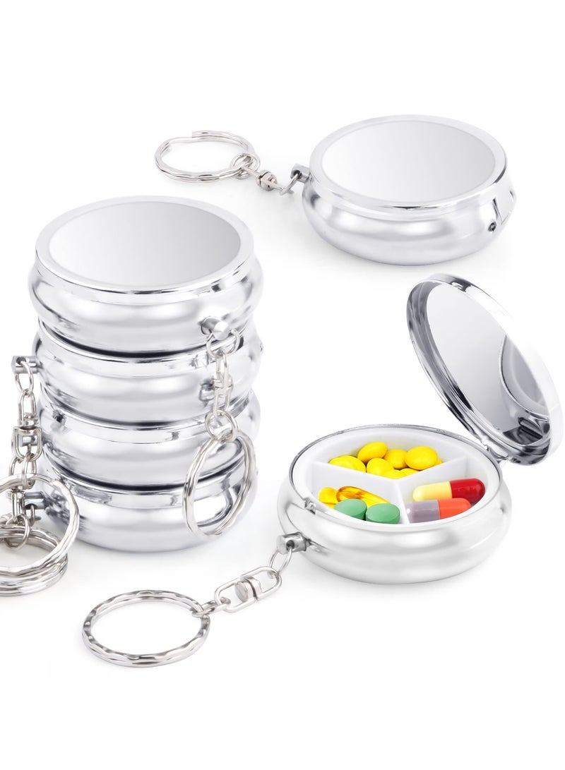 Portable Mini Metal Pill Case - 6 Pack Round Organizer with Keychain, 3 Compartment Holder for Vitamins, Supplements & Fish Oils