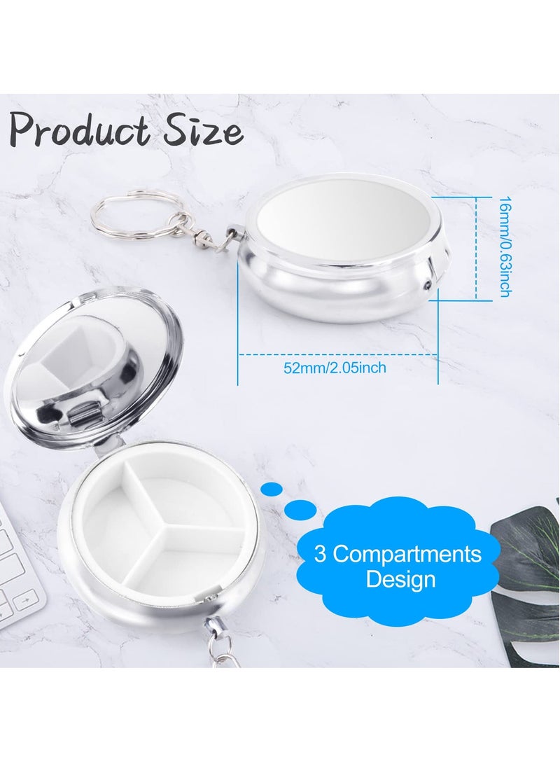 Portable Mini Metal Pill Case - 6 Pack Round Organizer with Keychain, 3 Compartment Holder for Vitamins, Supplements & Fish Oils