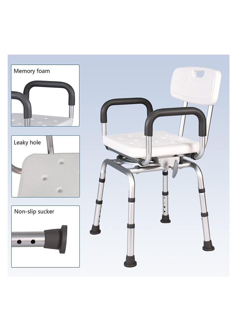 360 Degree Shower Chair Swivel,Portable Seat with Armrests and Back, Adjustable Height Seat for Bathtub (White)