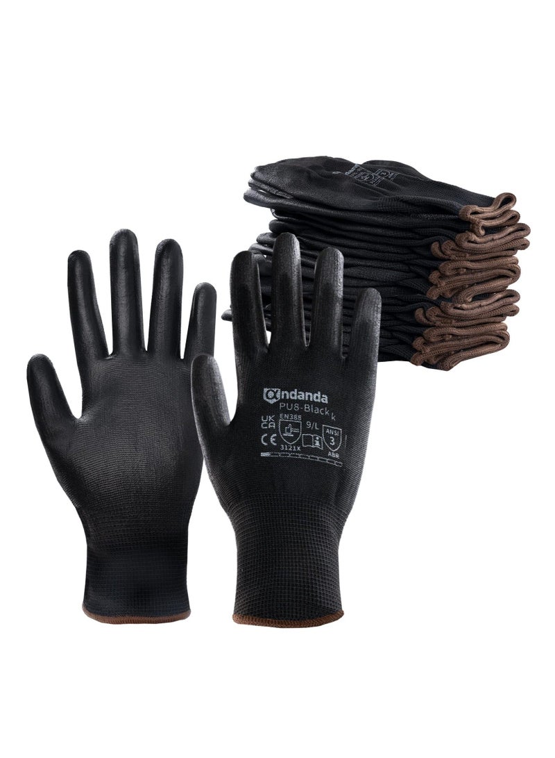 Seamless Knit Safety Gloves with PU Coating: 12 Pairs Durable Work & Gardening Glove for Men - Warehouse & Outdoor Use, Black