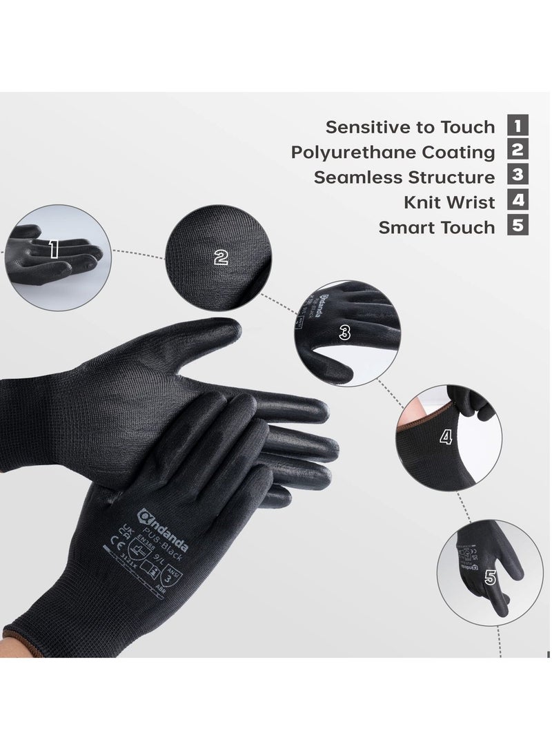 Seamless Knit Safety Gloves with PU Coating: 12 Pairs Durable Work & Gardening Glove for Men - Warehouse & Outdoor Use, Black