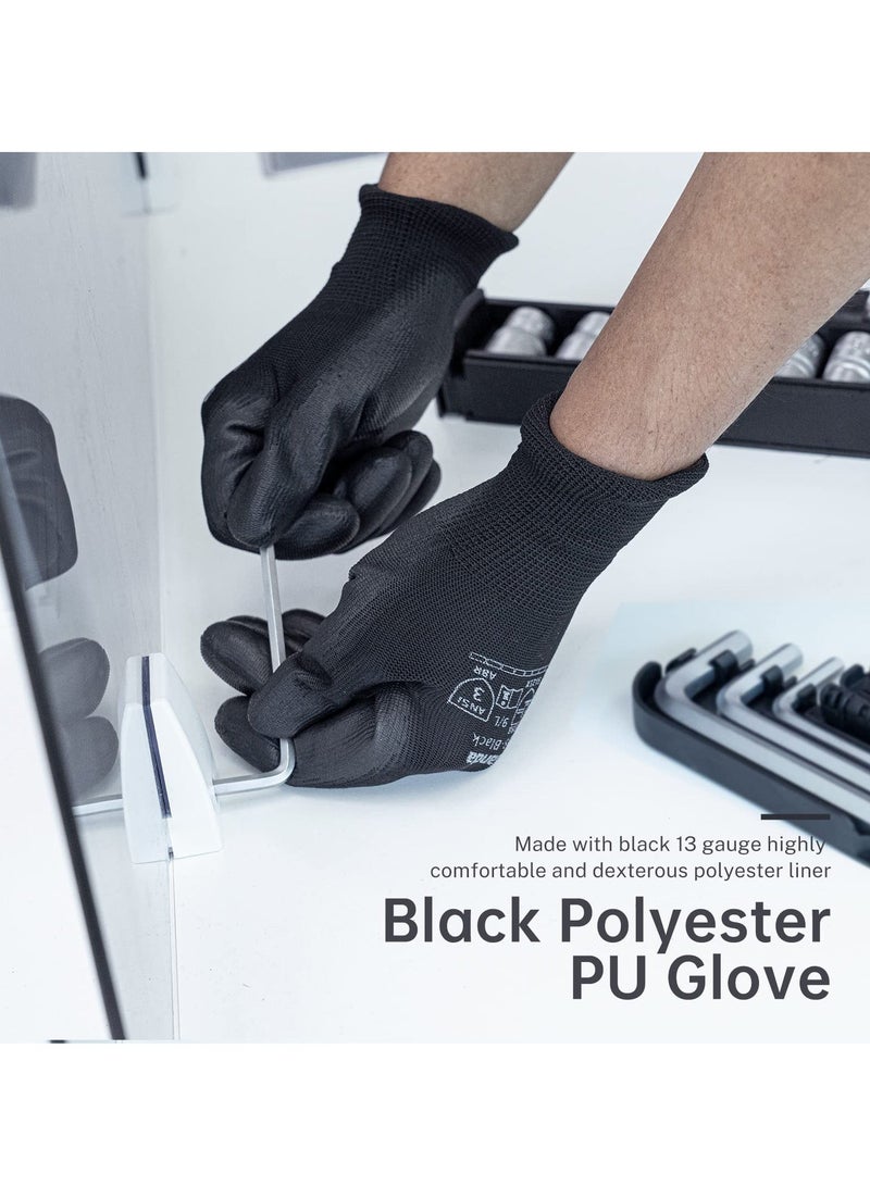 Seamless Knit Safety Gloves with PU Coating: 12 Pairs Durable Work & Gardening Glove for Men - Warehouse & Outdoor Use, Black