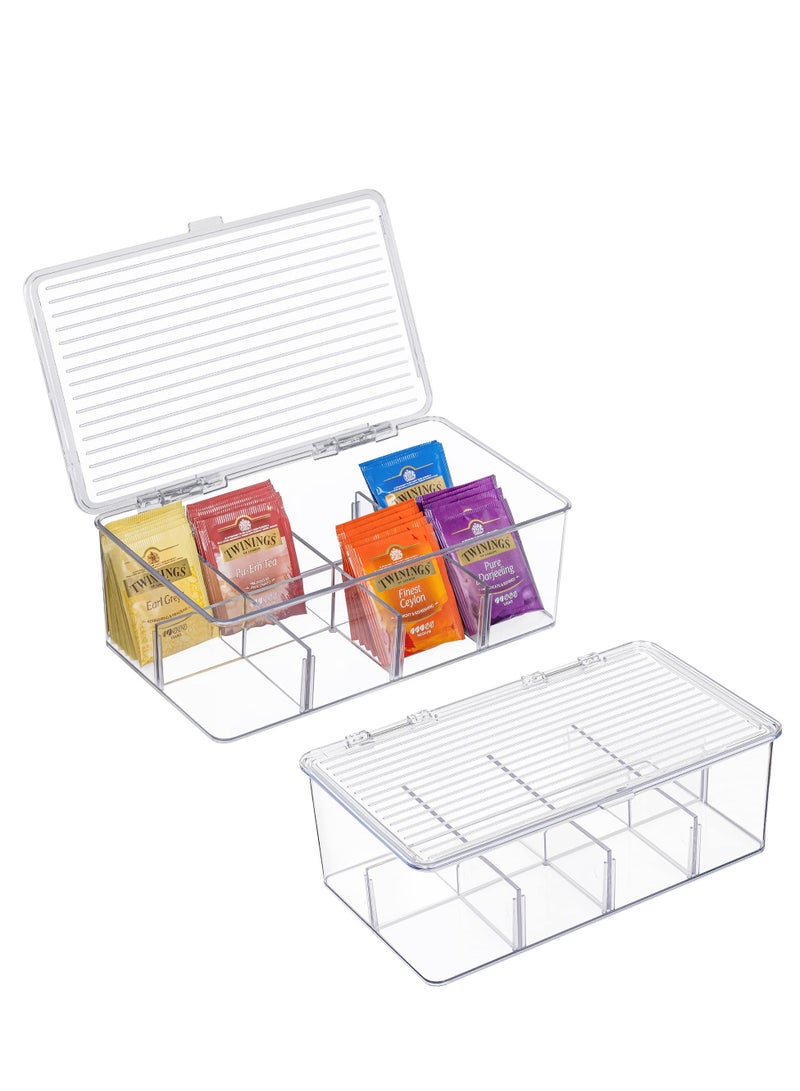 2 Pack Stackable Tea Bag Organizer, Plastic Storage Box for Kitchen Pantry Cabinets and Countertops, Holder Bags, Coffee, Sugar Packets, Small Packets