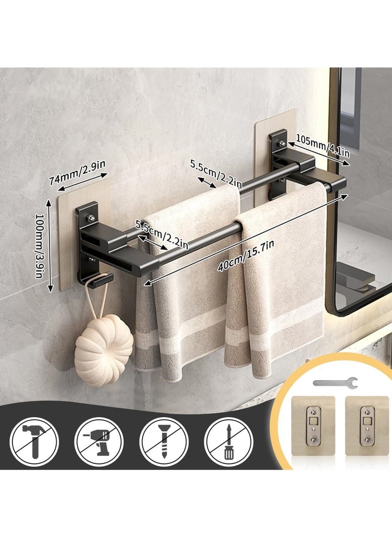 Towel Rail with Double Rods, 40cm Aluminum 2 Tier Self-Adhesive, Anti-Rust, No-Drill Wall Mounted Towel Holder with 2 Hooks for Bathroom, Kitchen, Shower