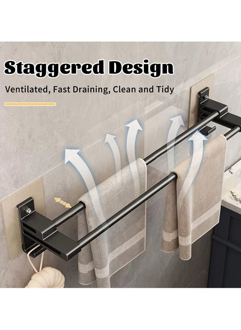 Towel Rail with Double Rods, 40cm Aluminum 2 Tier Self-Adhesive, Anti-Rust, No-Drill Wall Mounted Towel Holder with 2 Hooks for Bathroom, Kitchen, Shower