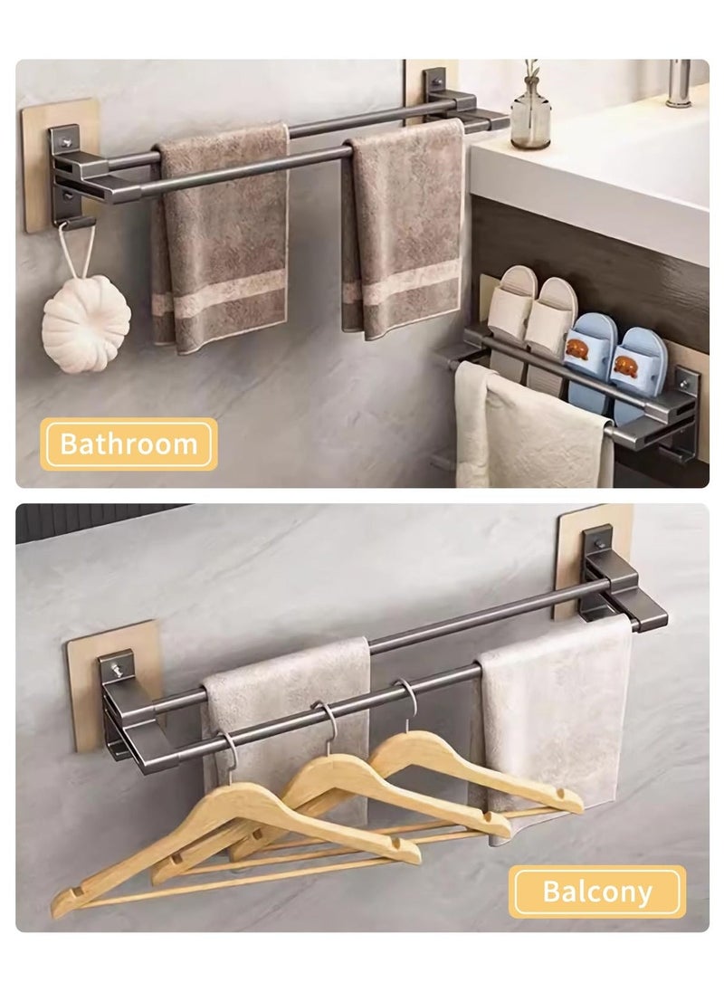 Towel Rail with Double Rods, 40cm Aluminum 2 Tier Self-Adhesive, Anti-Rust, No-Drill Wall Mounted Towel Holder with 2 Hooks for Bathroom, Kitchen, Shower