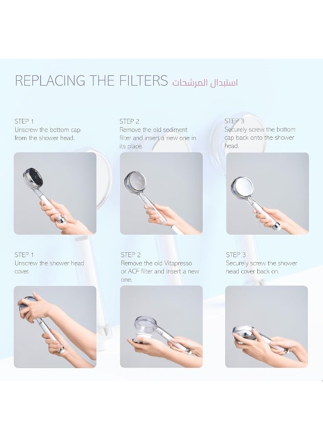 Korean Shower Head and Twin Shower Filter Set A - With Antimicrobial Activated Carbon Fiber Filter - Water Filter For Removal Of Bacteria, Heavy Metals, Chemicals, Odor From Tap Water