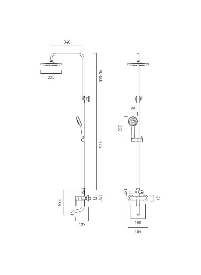 Vado Wall Mounted Manual Bath Shower Column With Bath Spout + Integrated Diverter | Stainless Steel/Brass Shower Column | Rain Shower Set For Toilet Bathroom - Chrome