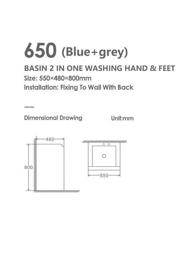 Milano Basin 2 In One W/Accessories (Washing Hand & Feet) 650 Blue And Grey | Porcelain Wall Hung | Wall Mounted Wash Basin Lavatory Sink For Toilet Bathroom - Blue&Grey