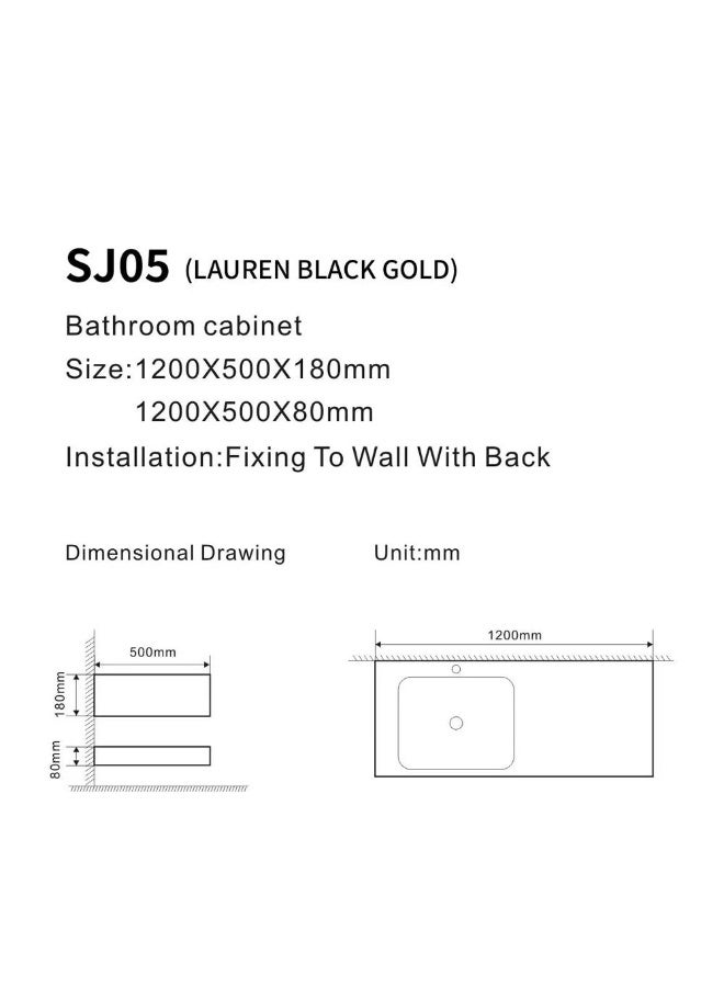 Milano Plus Aoife Marble Single Counter Top Basin SJ05 1200*500Mm (2Pcs/Set) Black | Porcelain & Ceramic Single Basin | Wall Mounted Wash Basin Lavatory Sink For Toilet Bathroom - Black
