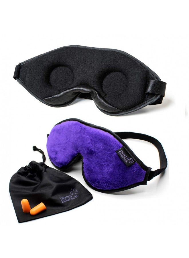 Dream Essentials, Escape 3D Sleep Mask, Earplugs, Carry Pouch Set, Molded Eye Shade, Men and Women, Contoured, Nose Bridge, Light Block, Memory Foam, Gift Set, Travel, Yoga, Blindfold, Deep Purple