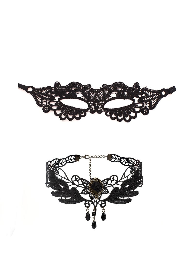 Lace Masquerade Mask with Choker Set for Women Lady,Charm Party Accessories,Black Goth Tattoo Necklace Eye Mask Pack,Lace Masquerade Mask Black Choker Lace Necklace Lace Pattern for Women