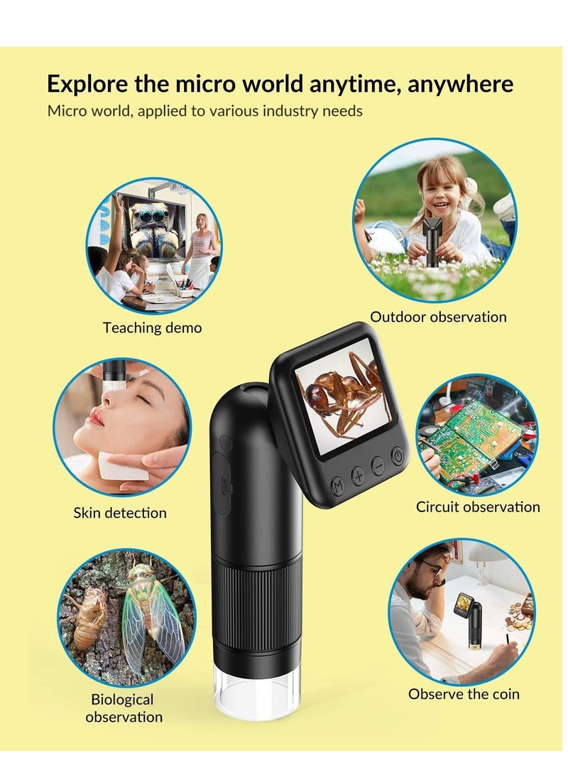 Handheld Digital Microscope with 2” LCD Screen, 800X Pocket Portable for Kids Adjustable Lights Coins Electronic Magnifier Camera, USB to PC