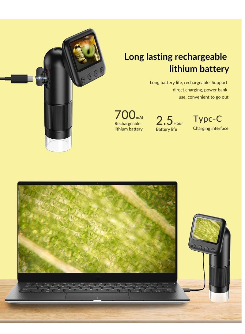 Handheld Digital Microscope with 2” LCD Screen, 800X Pocket Portable for Kids Adjustable Lights Coins Electronic Magnifier Camera, USB to PC