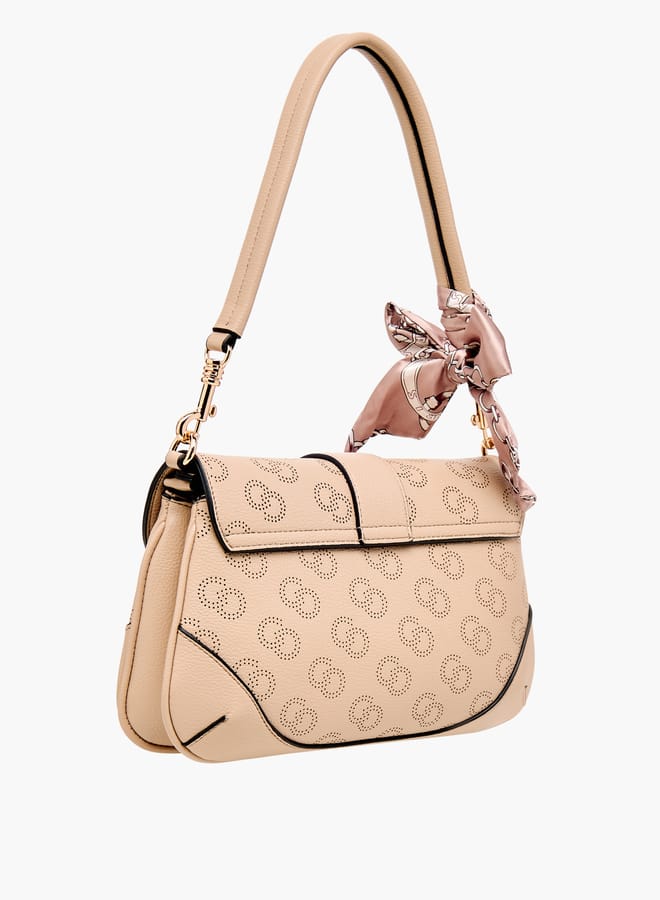 Women Monogram Print Satchel Bag with Detachable Strap and Flap Closure