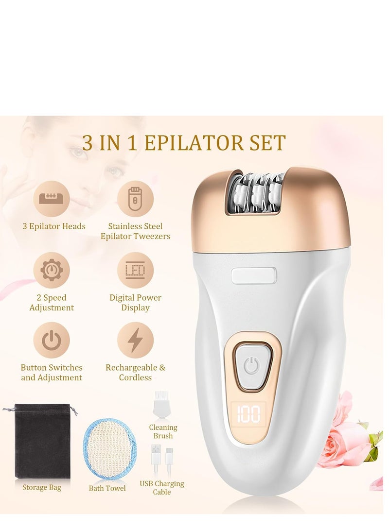 Epilator, Smooth Glide Epilator for Women Facial Hair, 3 in 1 Epilators Hair Removal for Leg/Arm, 2 Speed Adjustable USB Rechargeable Cordless Epilator for Face